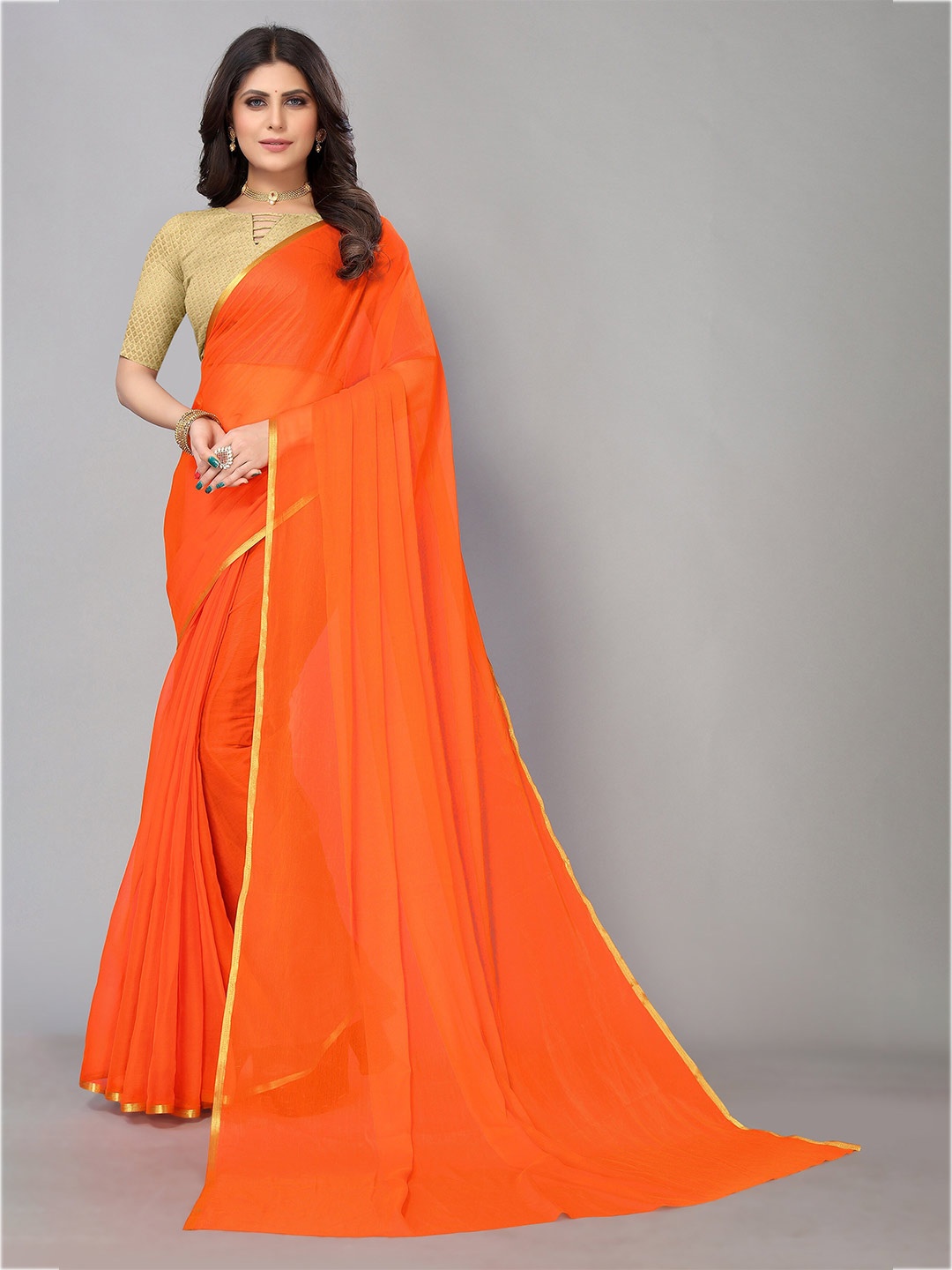 

KALINI Zari Border Pure Chiffon Saree, Orange
