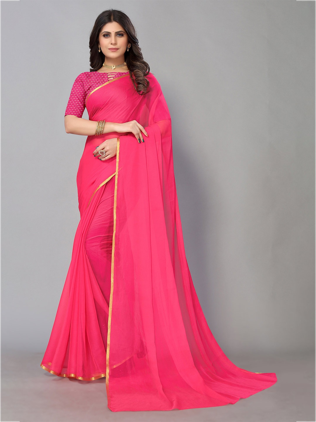 

KALINI Pink Zari Border Pure Chiffon Saree