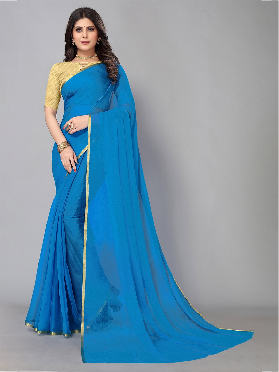 

KALINI Zari Border Pure Chiffon Saree, Blue