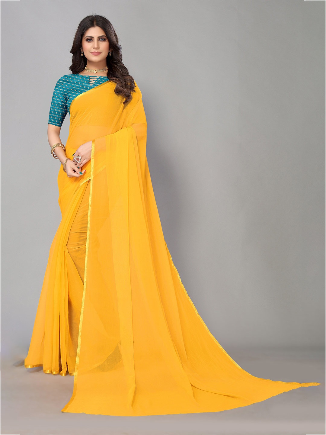 

KALINI Yellow Zari Border Pure Chiffon Saree