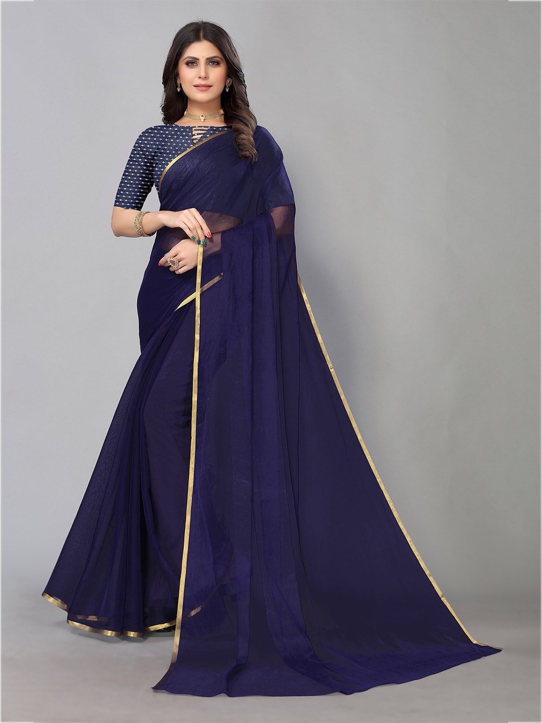 

KALINI Navy Blue Zari Border Pure Chiffon Saree