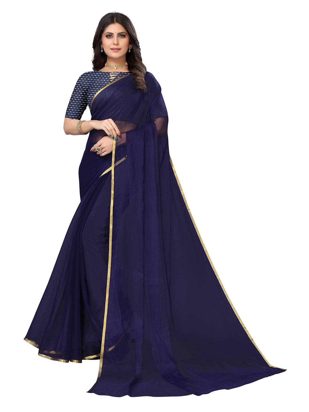 

Nimayaa Zari Pure Chiffon Saree, Navy blue
