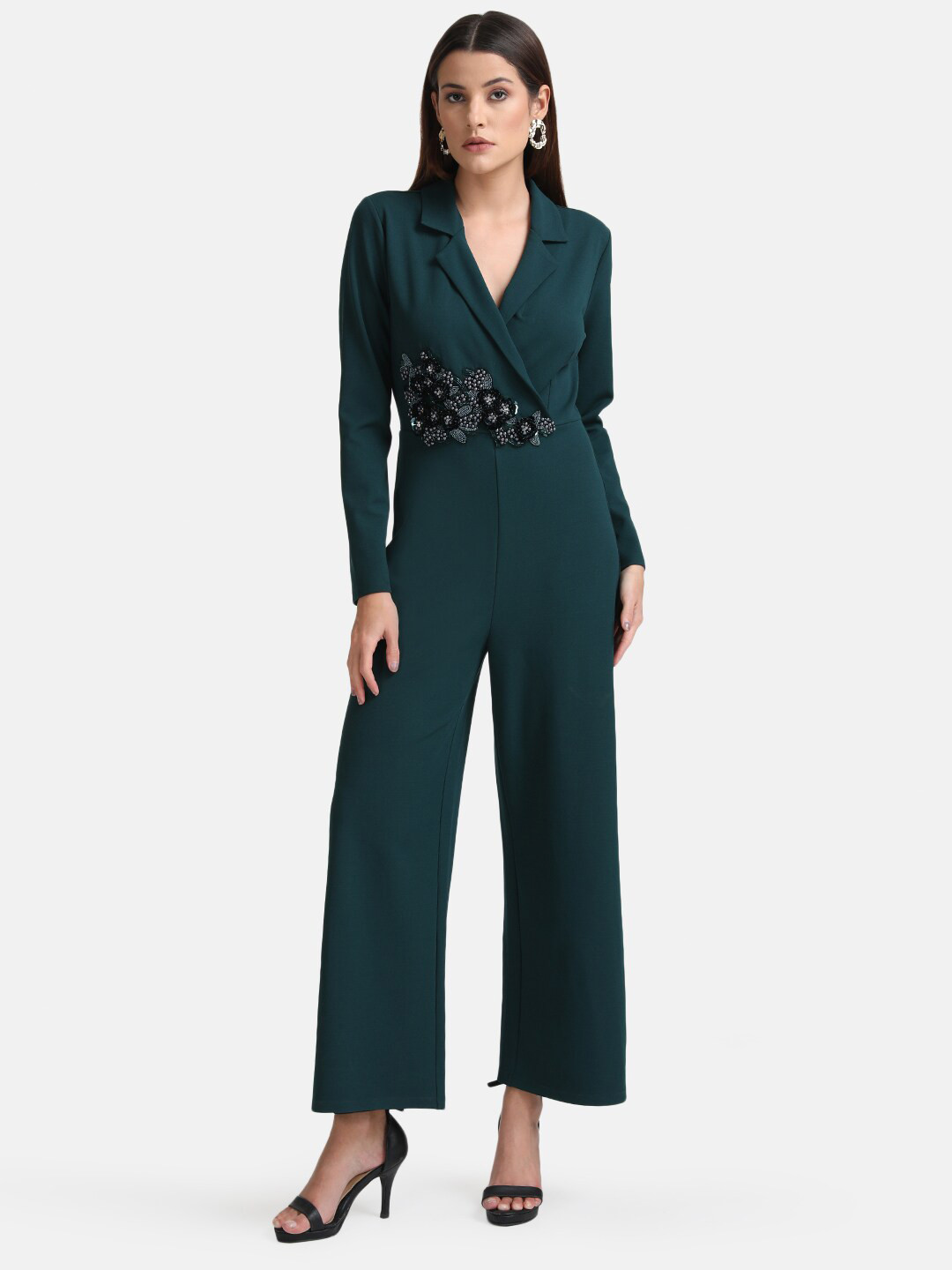 

Kazo Lapel Collar Embellished Basic Jumpsuit, Green