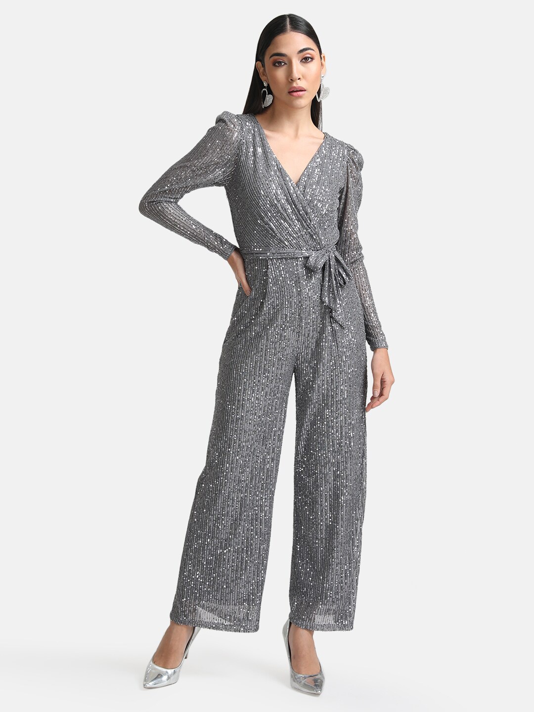 

Kazo Wrap Basic Jumpsuit with Embellished, Grey