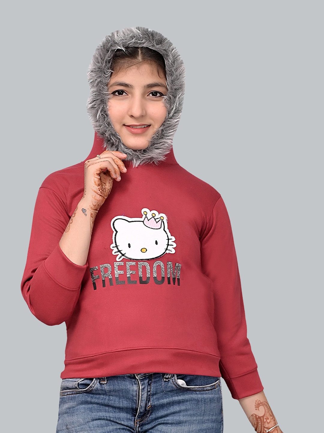 

Elendra jeans Girls Printed Hooded Wool Sweatshirt, Maroon