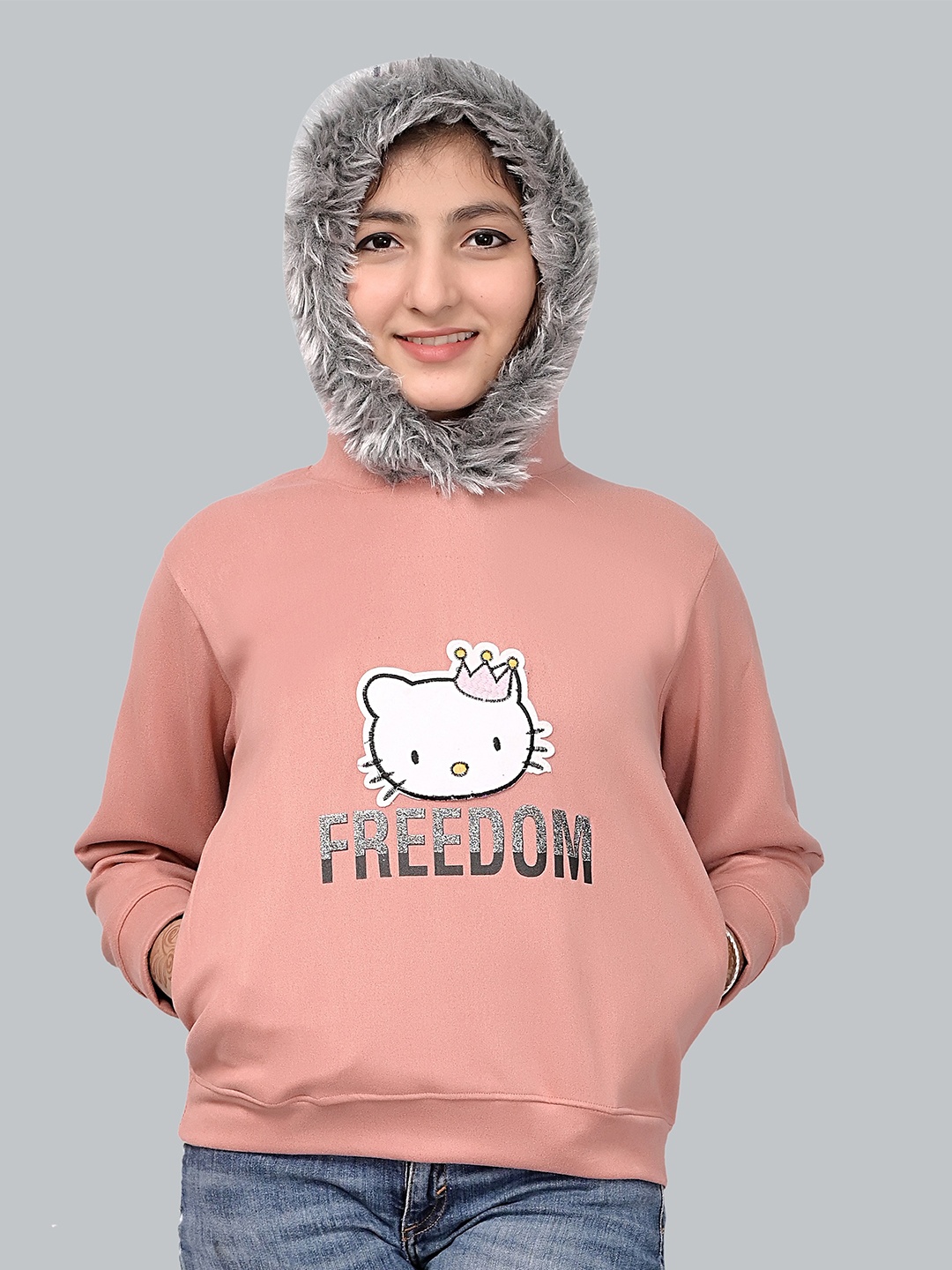 

Elendra jeans Girls Printed Hooded Sweatshirt, Peach