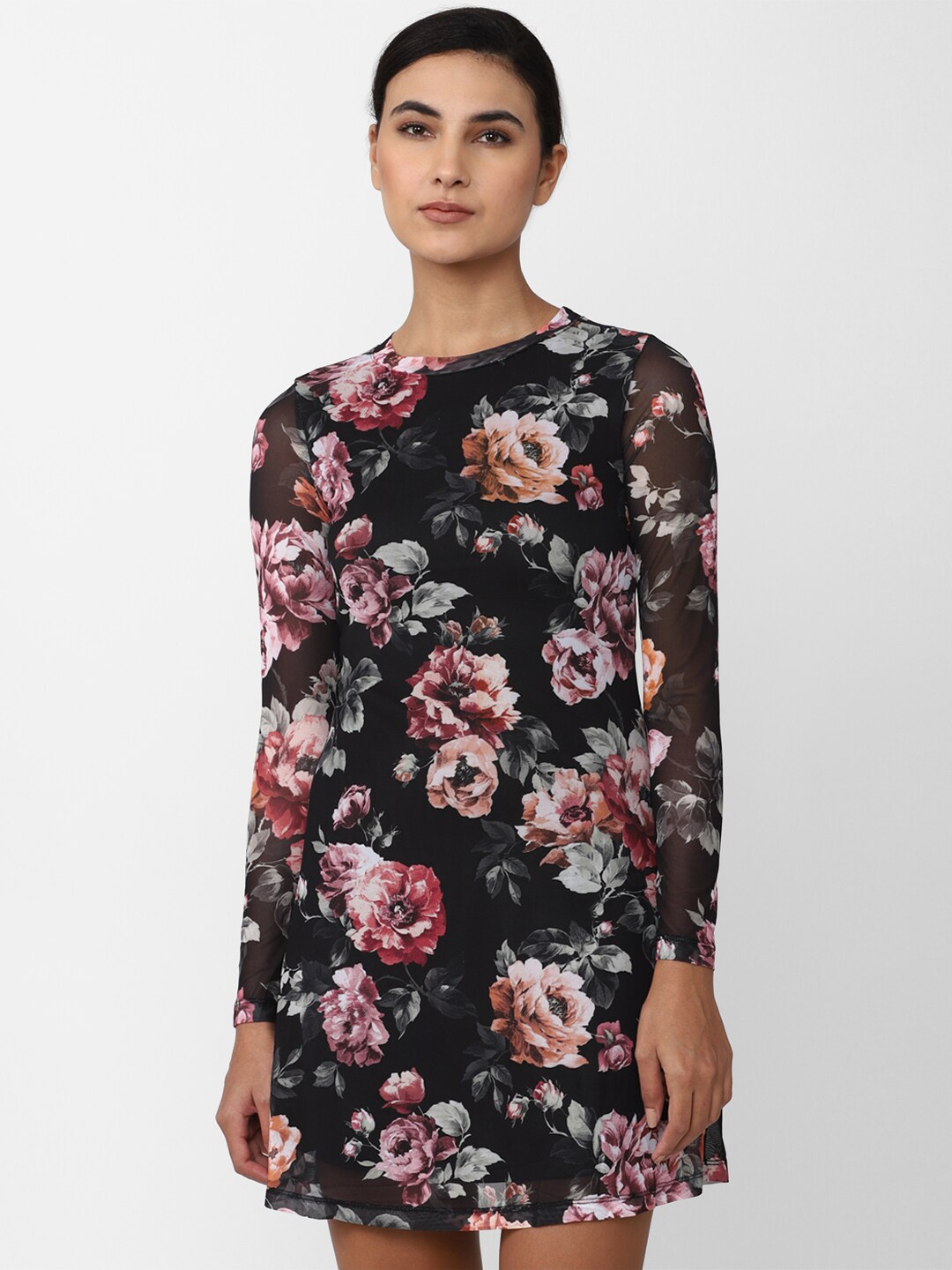 

Van Heusen Woman Floral Printed Round Neck A-Line Dress, Black