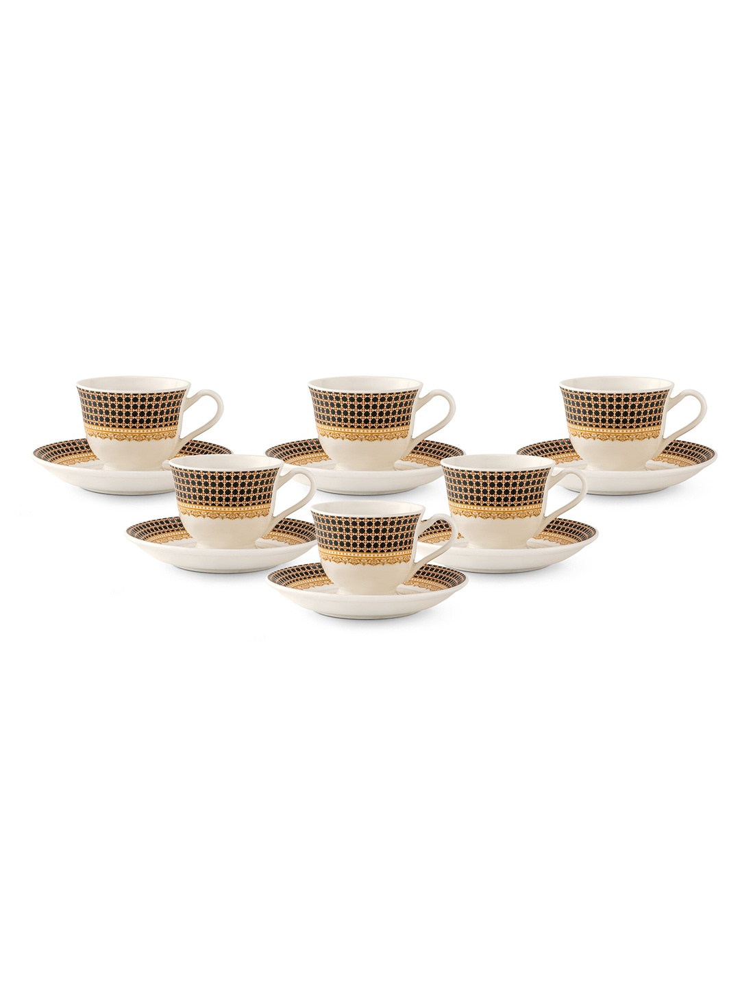 

CLAY CRAFT White & Brown 12 Pcs Floral Printed Ceramic Glossy Cups and Saucers 180 ml Each
