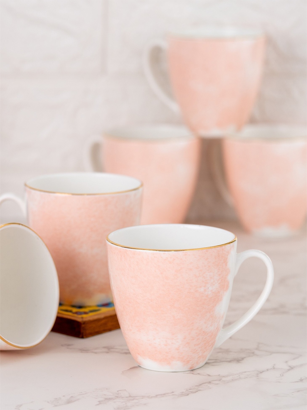 

CLAY CRAFT Peach-Coloured & White Set of 6 Printed Ceramic Glossy Cups 180 ml Each