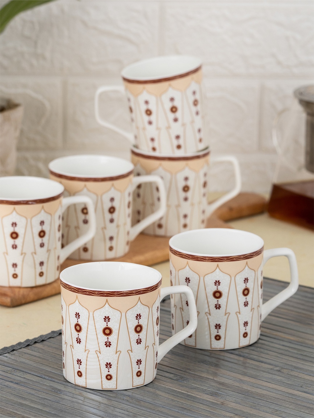 

CLAY CRAFT White & Brown Set of 6 Floral Printed Ceramic Glossy Cups 180 ml Each