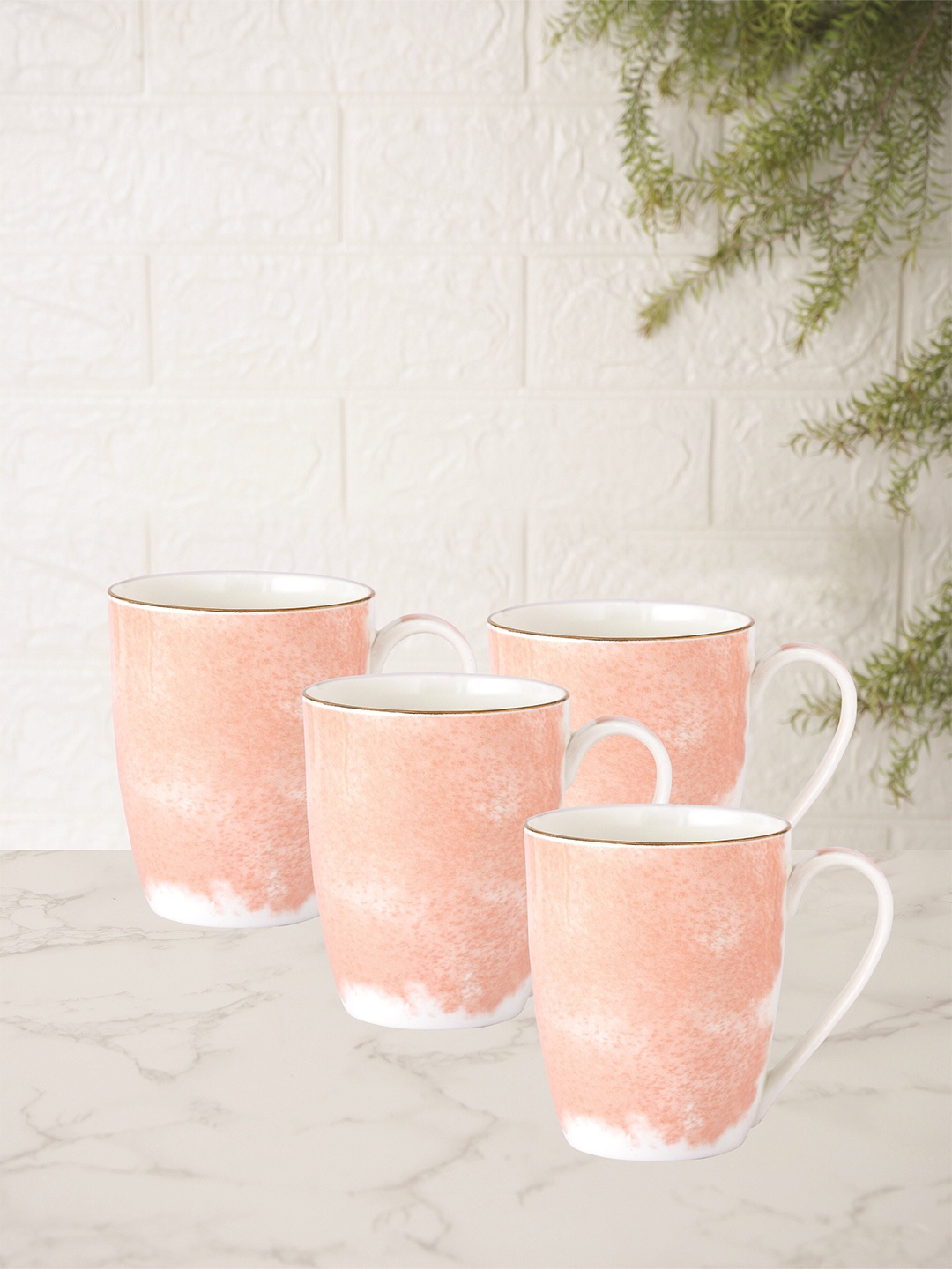 

CLAY CRAFT Pink & White Set Of 4 Floral Printed Ceramic Glossy Mugs - 350 ml Each