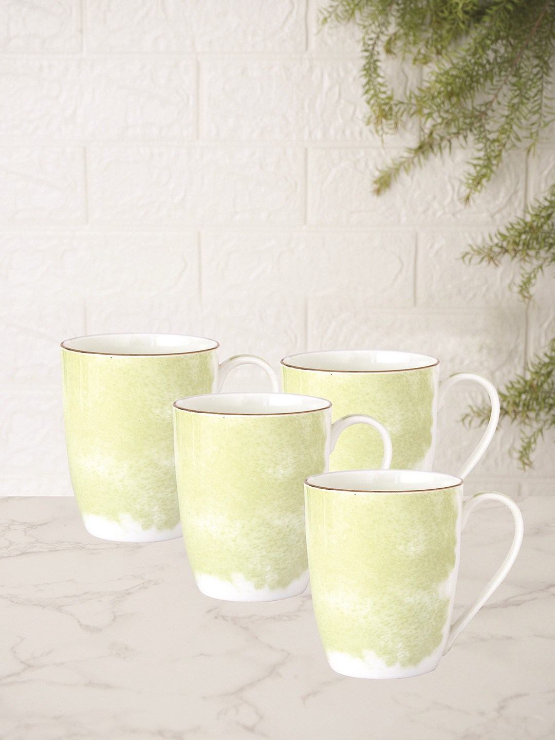 

CLAY CRAFT Green & White Set of 4 Printed Ceramic Glossy Mugs 350 ml Each