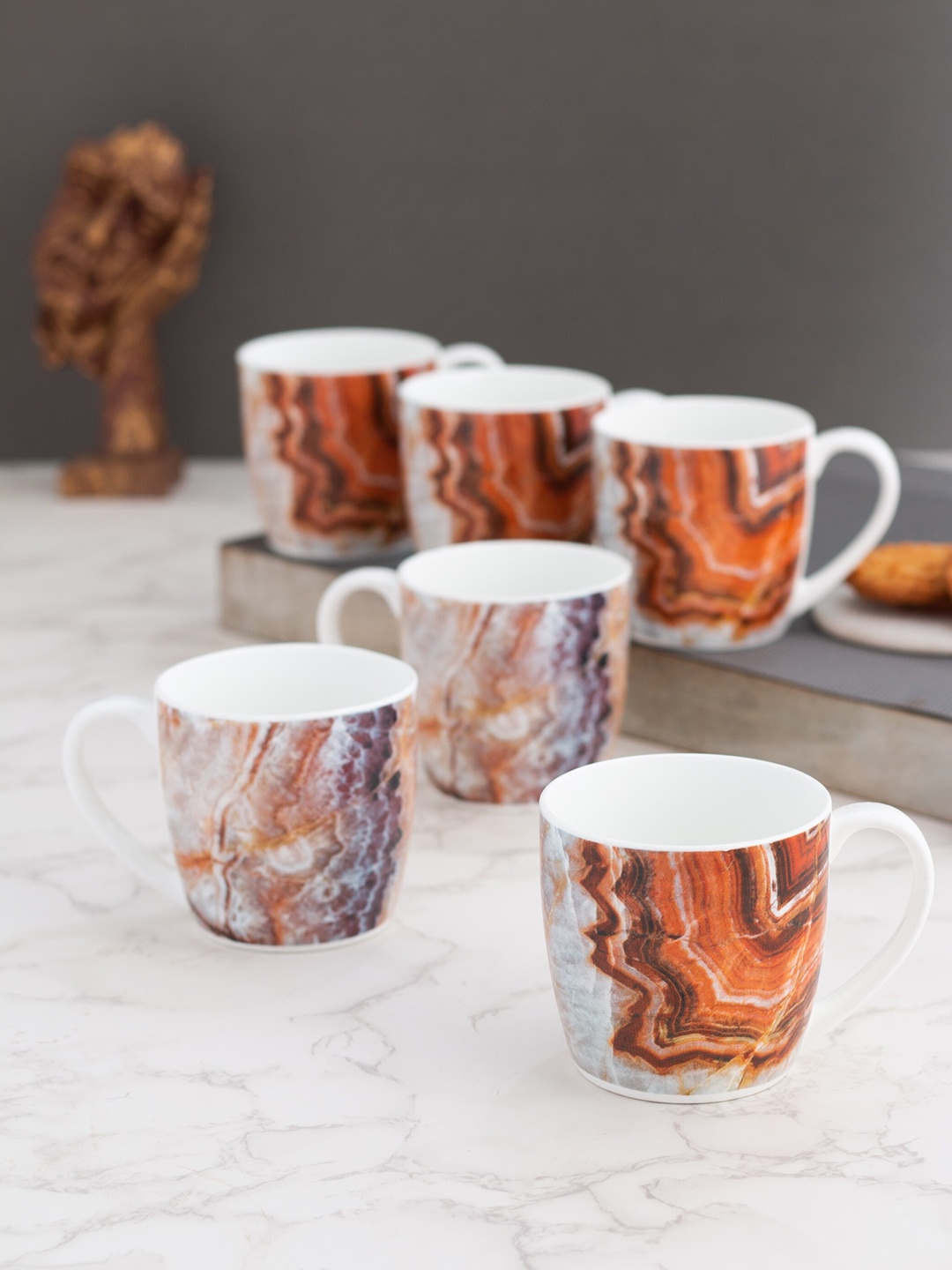 

CLAY CRAFT White & Orange Set of 6 Printed Ceramic Glossy Cups 180 ml Each