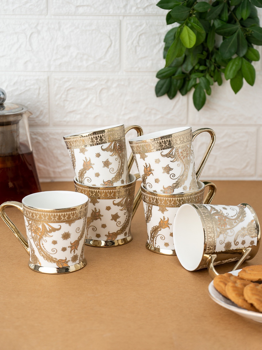 

CLAY CRAFT White & Gold-Toned Set of 6 Floral Printed Ceramic Glossy Cups 180 ml Each