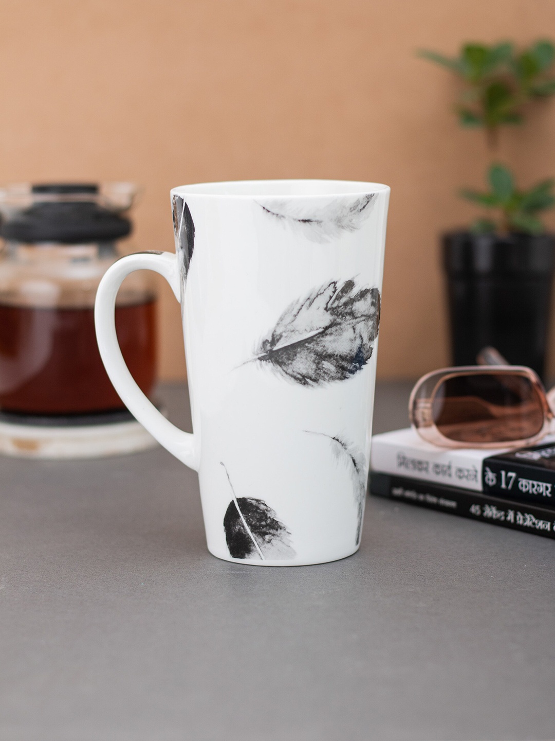 

CLAY CRAFT Fine White & Black Set Of 2 Floral Printed Ceramic Glossy Mugs 350 ml Each