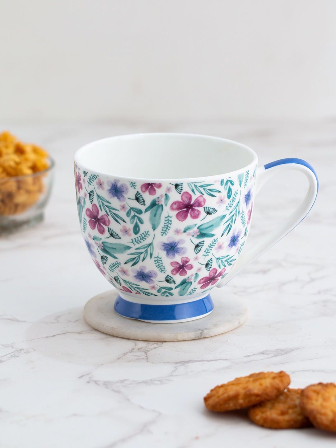 

CLAY CRAFT Fine White & Green Set of 2 Floral Printed Ceramic Glossy Mugs 350 ml Each