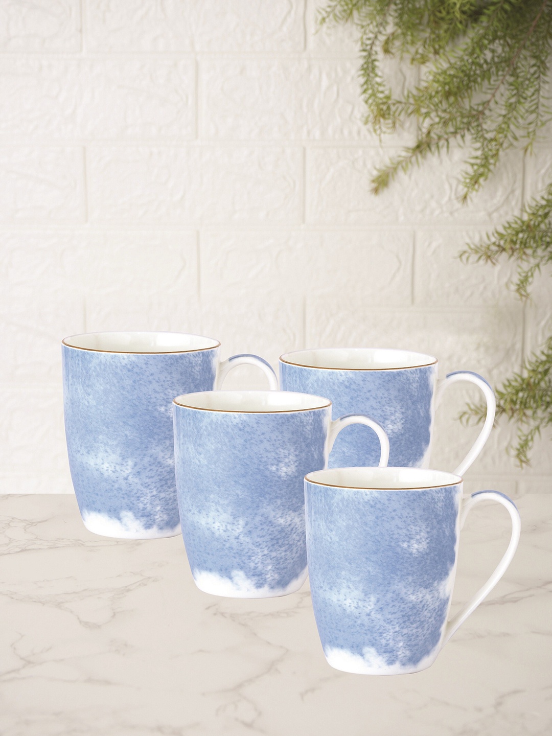 

CLAY CRAFT Fine White & Blue Set Of 4 Floral Printed Ceramic Glossy Mugs 350 ml Each