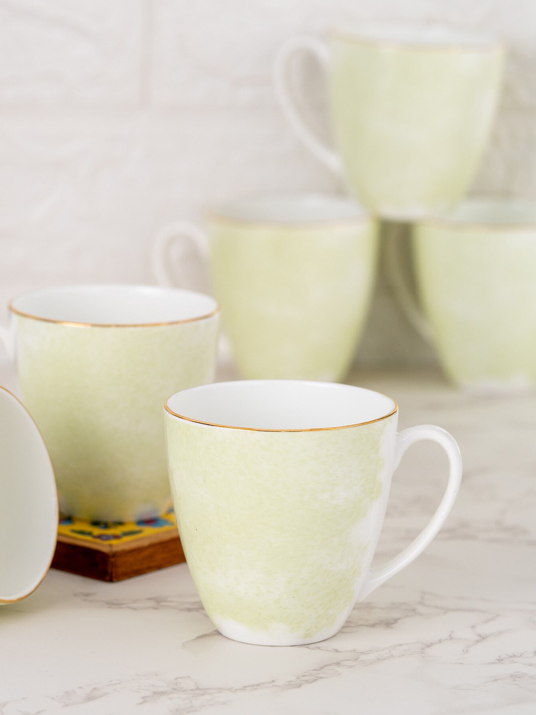

CLAY CRAFT Fine White & Green Set Of 6 Floral Printed Ceramic Glossy Cups