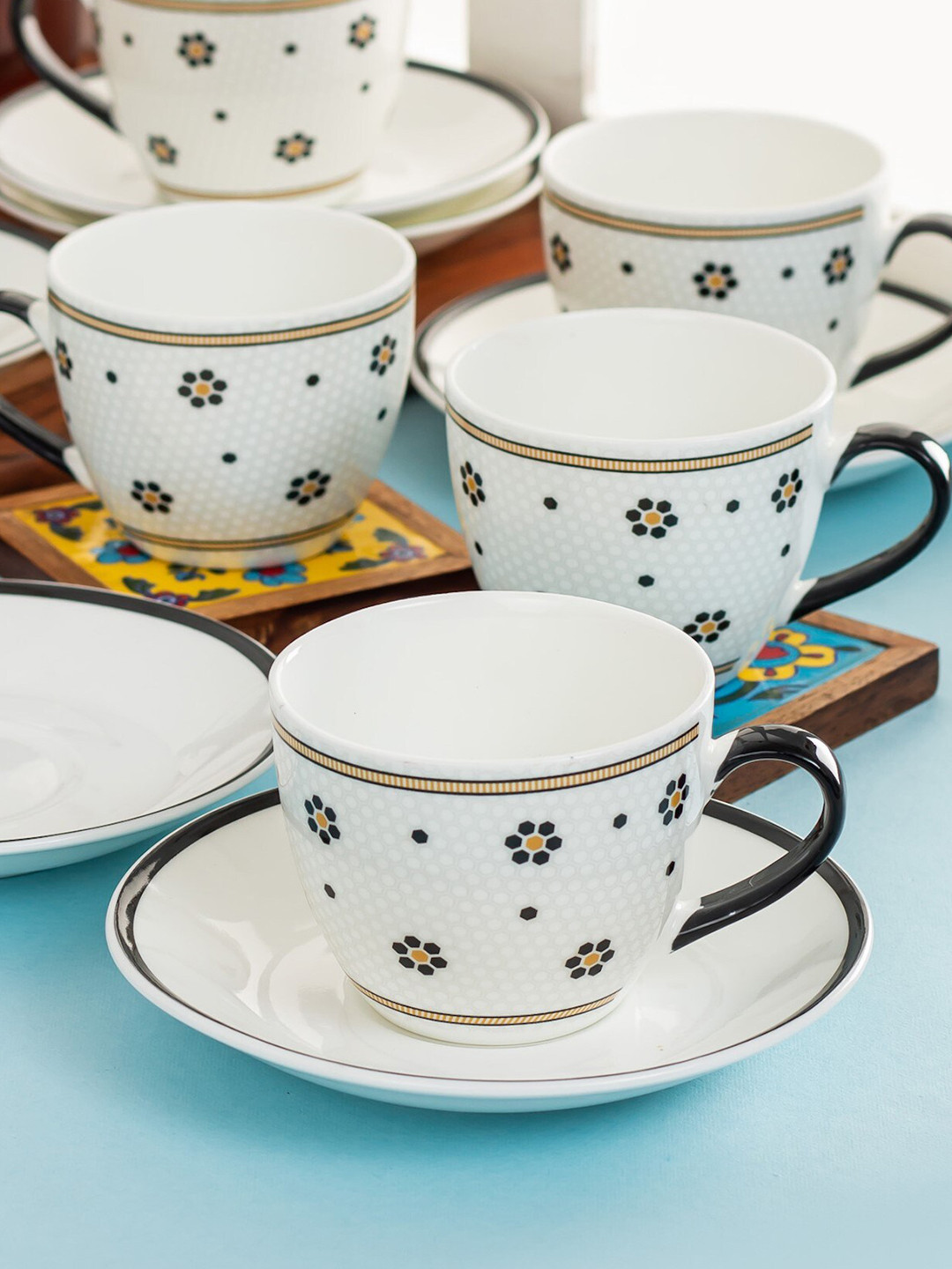 

CLAY CRAFT White & Black Set Of 12 Floral Printed Ceramic Glossy Cups and Saucers
