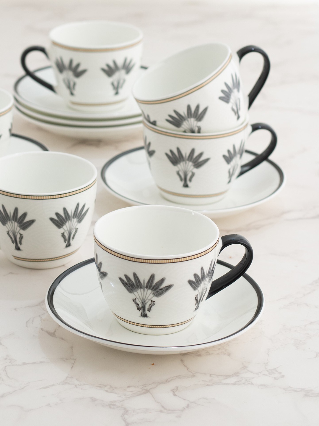 

CLAY CRAFT White & Grey Set Of 12 Floral Printed Ceramic Glossy Cups and Saucers