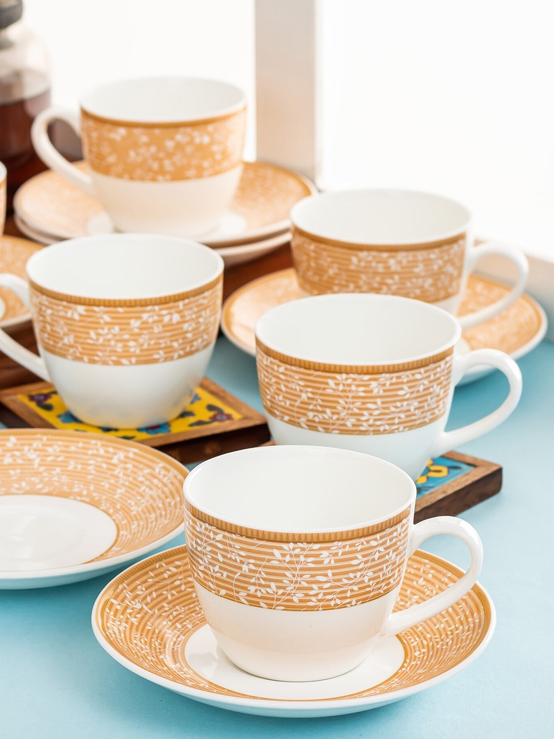 

CLAY CRAFT White & Brown Set Of 12 Floral Printed Ceramic Glossy Cups and Saucers