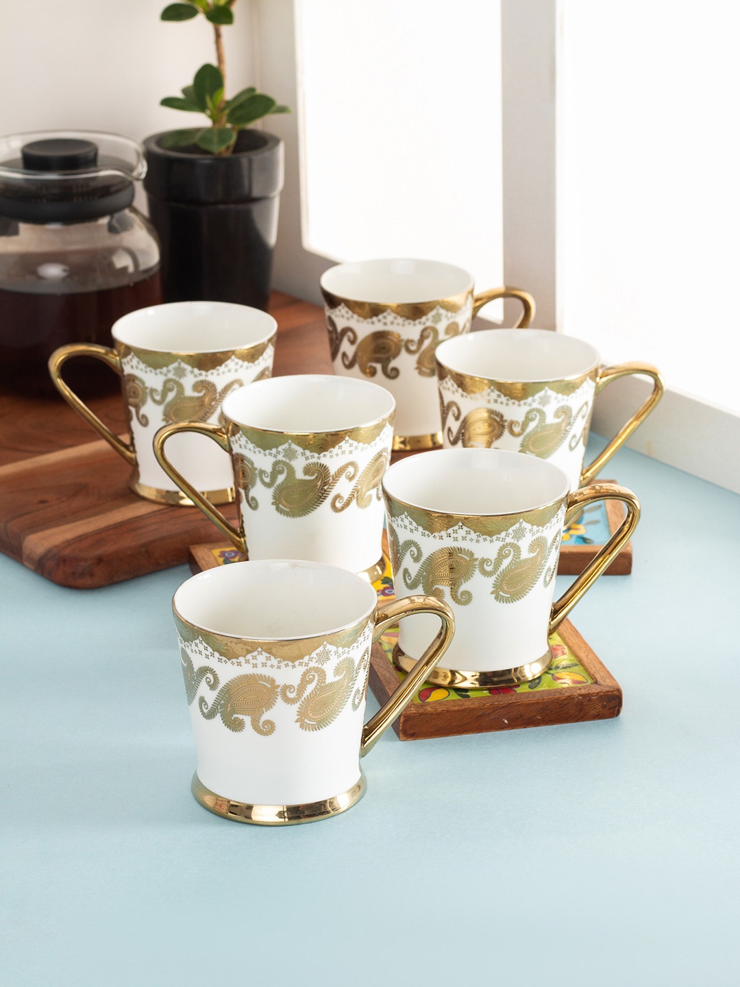 

CLAY CRAFT White & Gold Set Of 6 Floral Printed Ceramic Glossy Cups 180 Ml Each