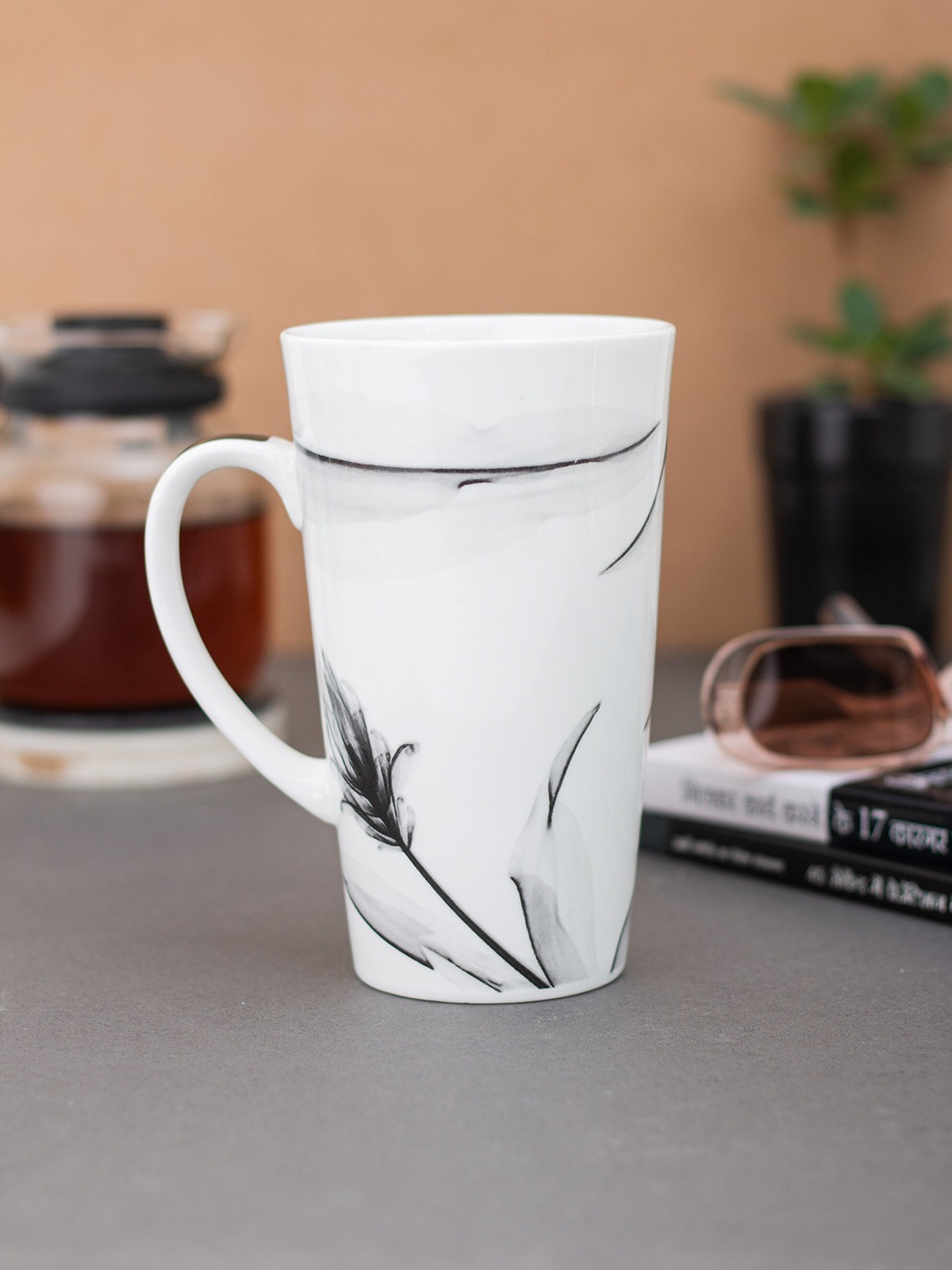 

CLAY CRAFT White & Grey Set of 2 Floral Printed Ceramic Glossy Mugs 350 Ml Each