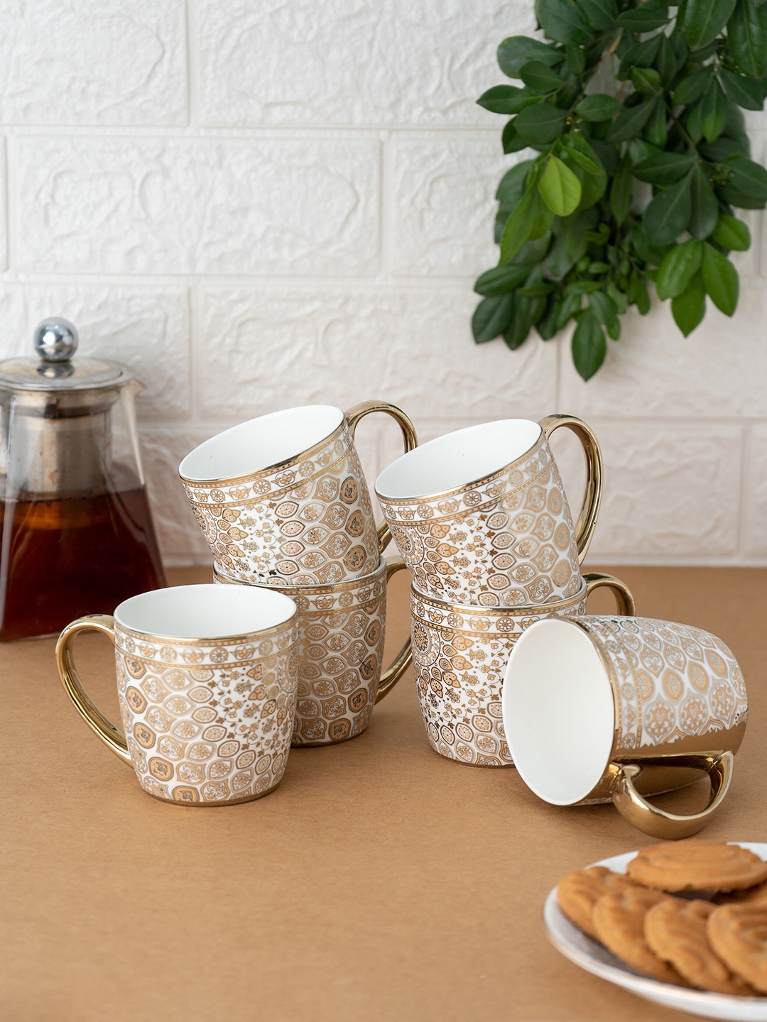 

CLAY CRAFT White & Gold Set Of 6 Floral Printed Ceramic Glossy Cups 180 Ml Each