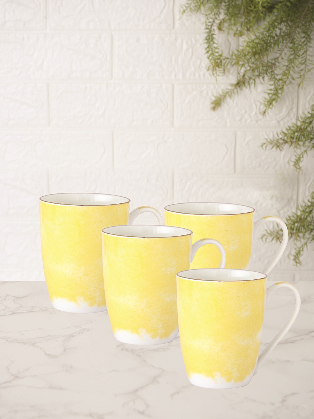 

CLAY CRAFT White & Yellow Set Of 4 Floral Printed Ceramic Glossy Mugs 350 Ml Each