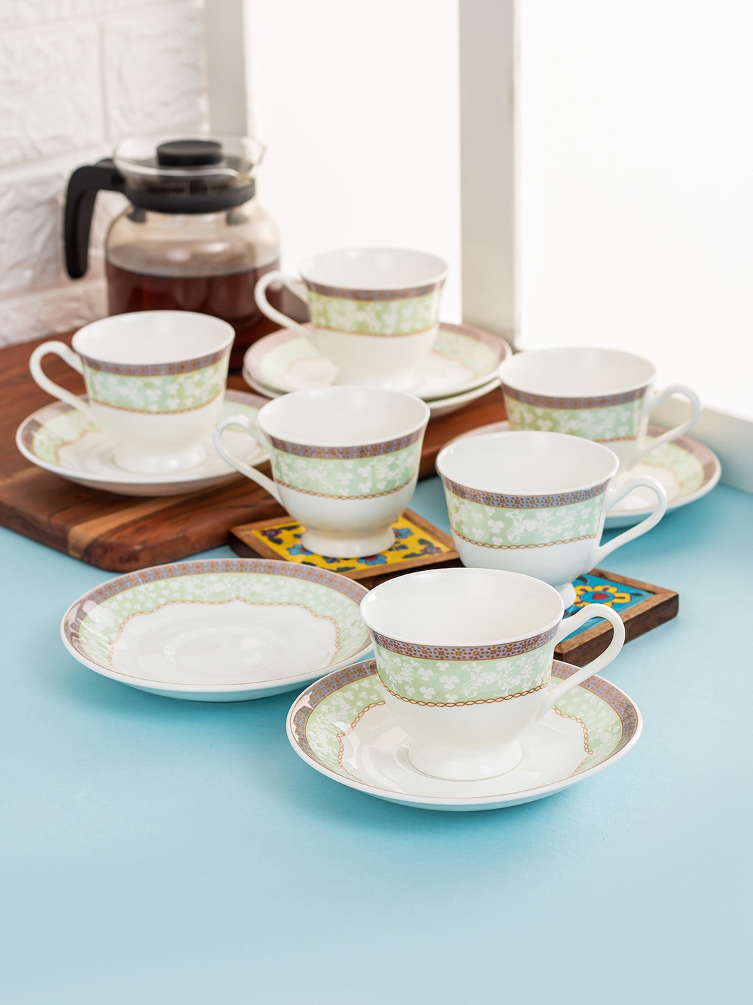 

CLAY CRAFT White & Green Set Of 12 Floral Printed Ceramic Glossy Cups and Saucers