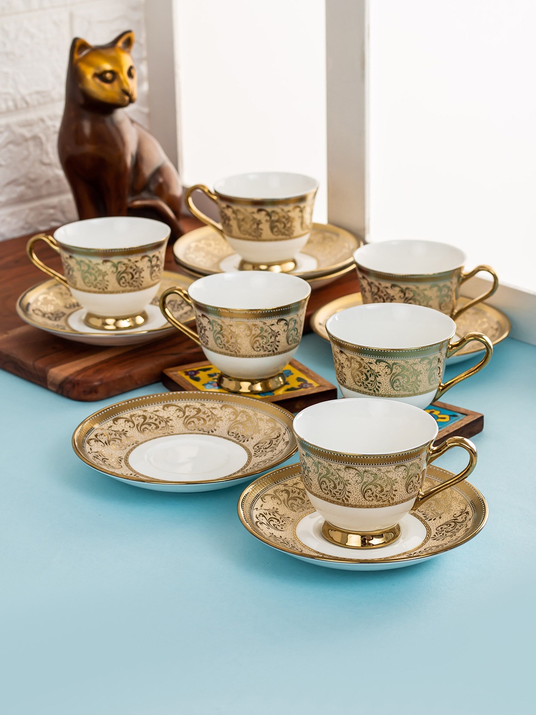 

CLAY CRAFT White & Brown Set Of 12 Floral Printed Ceramic Glossy Cups and Saucers