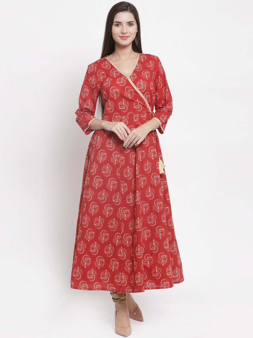 

The Kurta Express V-Neck Ethnic Motifs Printed Anarkali Angrakha Cotton Kurtas, Red