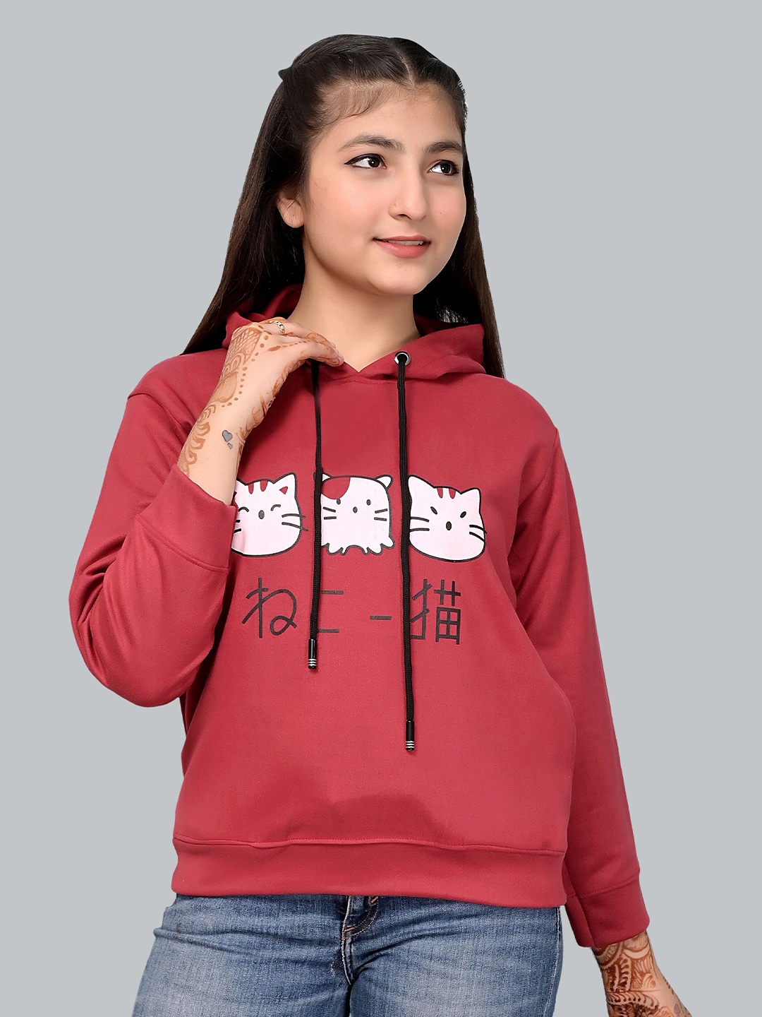 

Elendra jeans Girls Printed Hooded Sweatshirt, Maroon