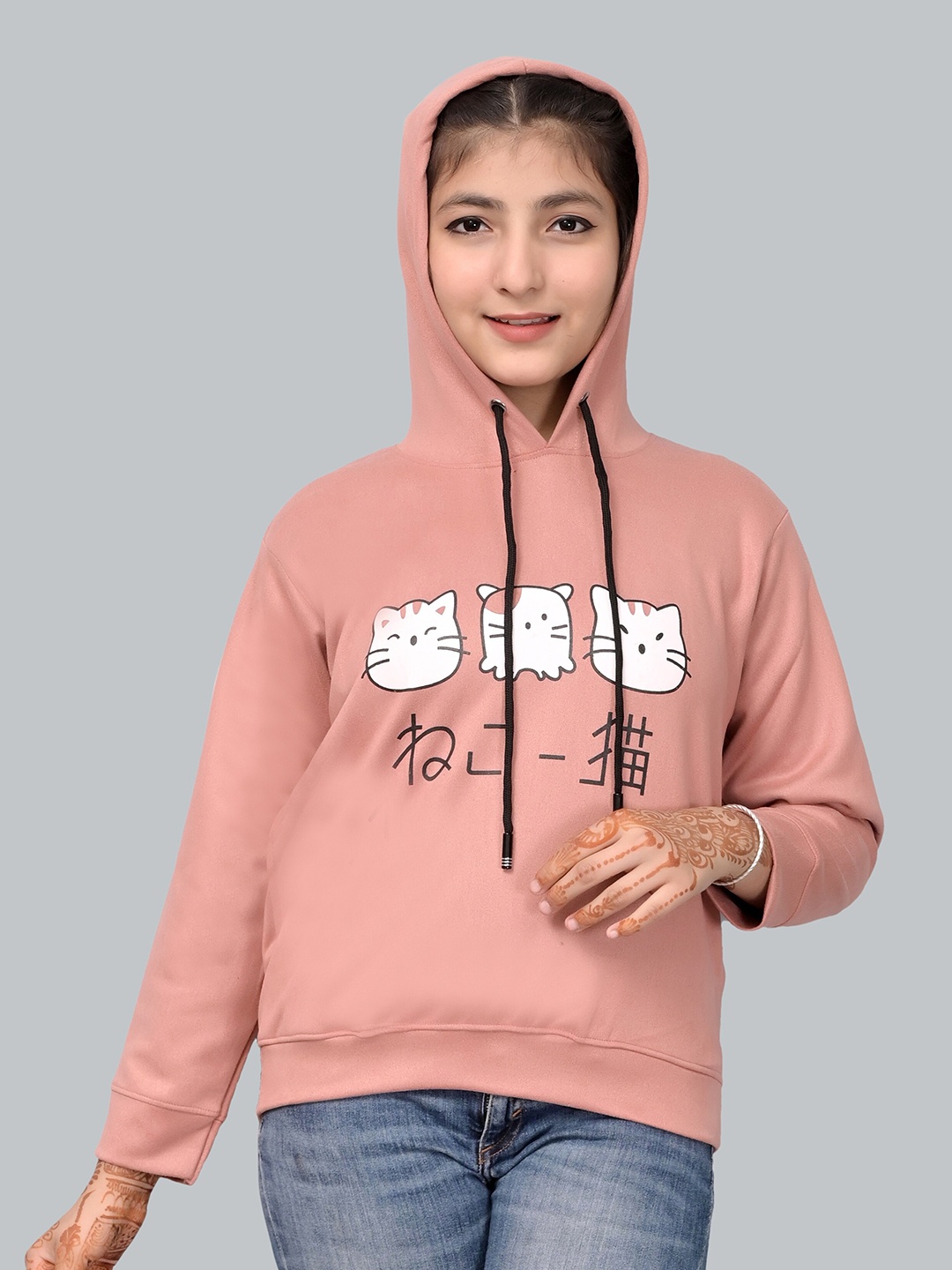 

Elendra jeans Girls Printed Wool Hooded Sweatshirt, Peach