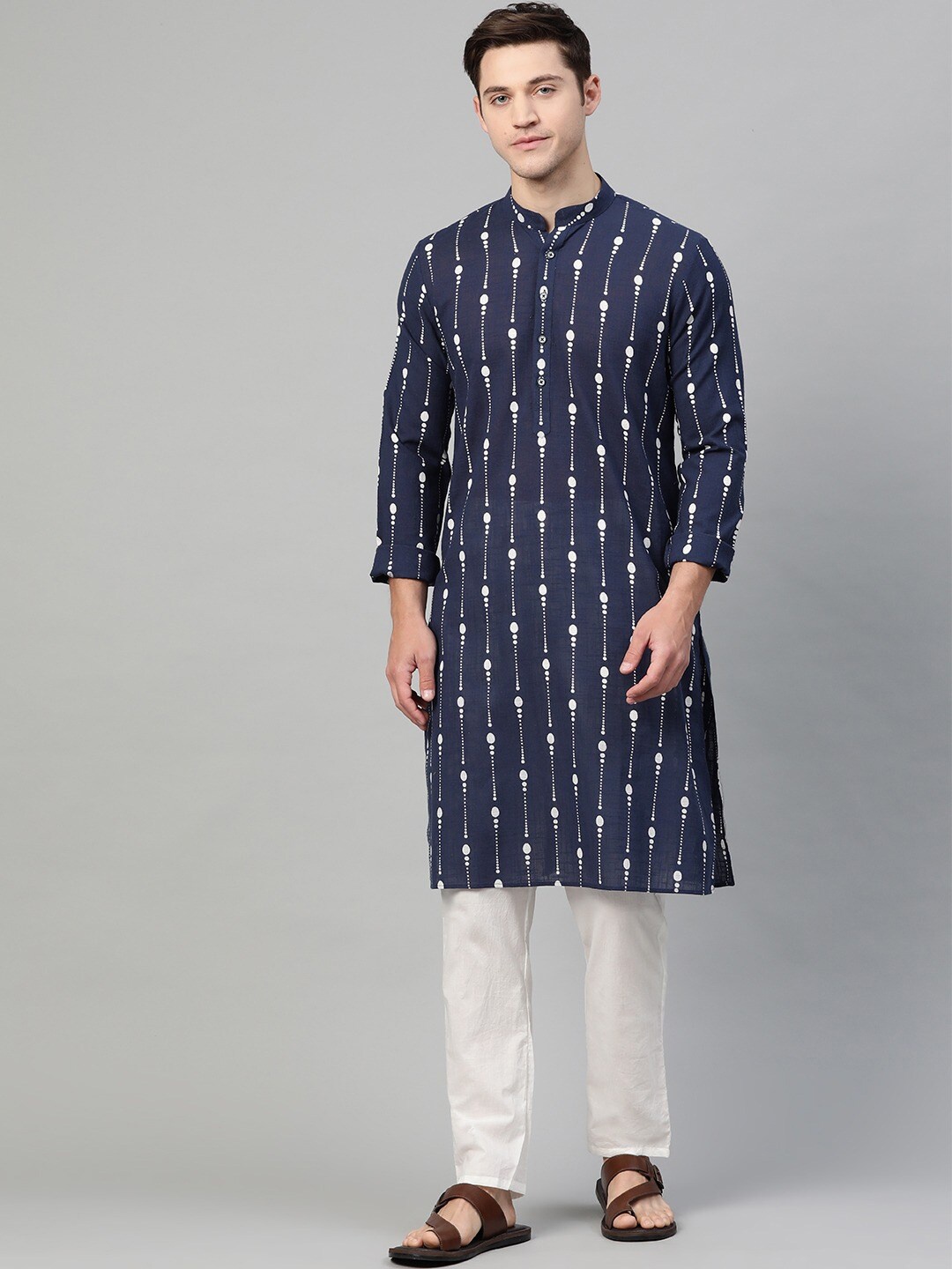 

See Designs Men Ethnic Motifs Printed Pure Cotton Kurta with Pyjamas, Navy blue