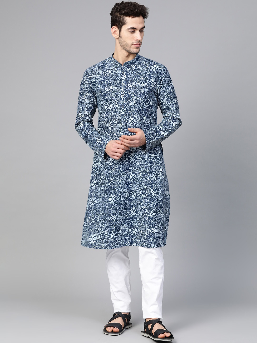 

See Designs Mandarin Collar Geometric Woven Design Cotton Kurta, Blue