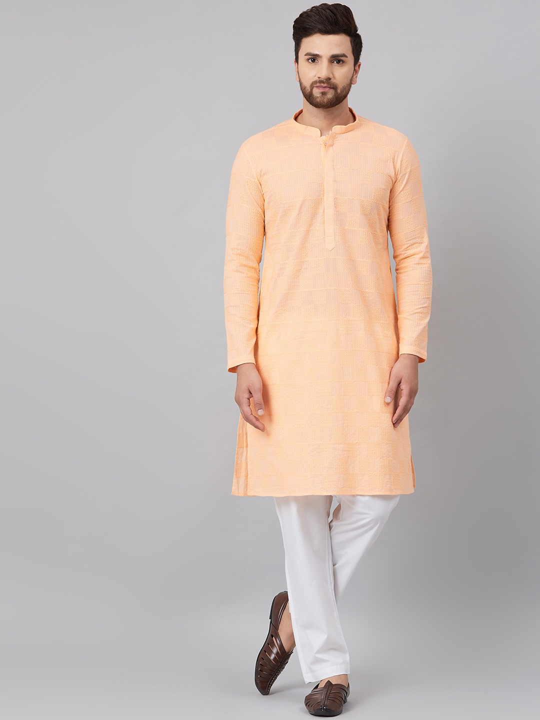 

See Designs Men Thread Work Pastels Cotton Kurta, Peach