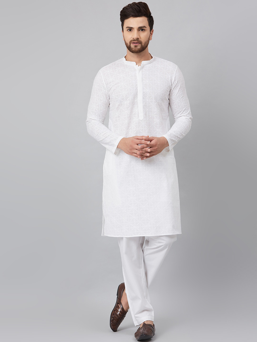 

See Designs Men Ethnic Motifs Thread Work Cotton Kurta, White