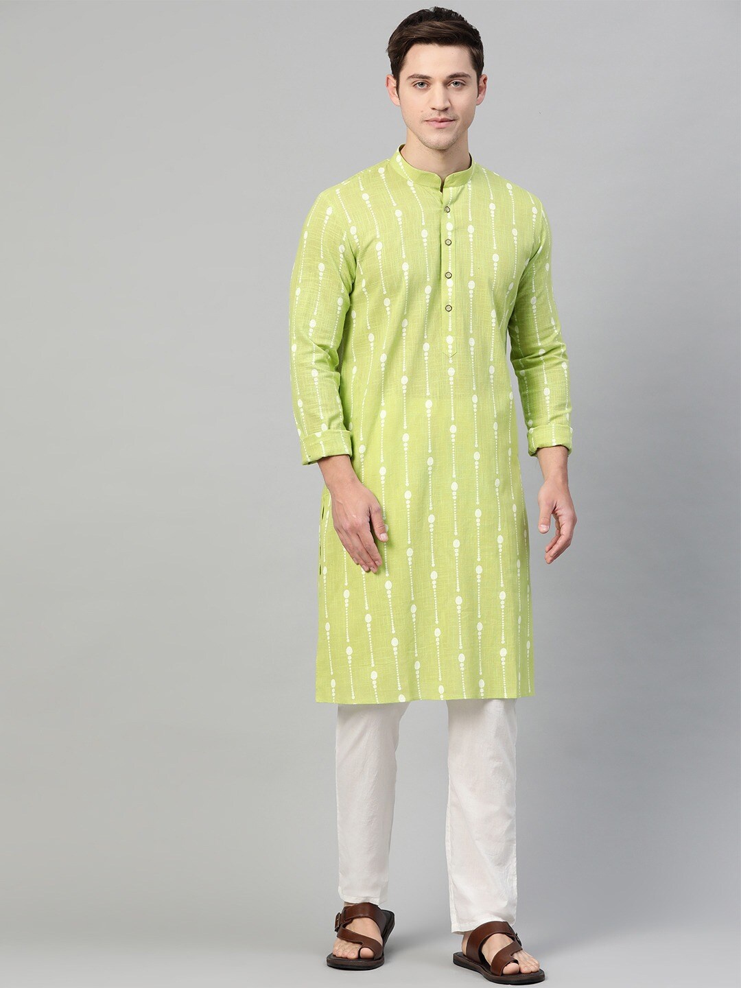 

See Designs Men Ethnic Motifs Printed Pure Cotton Kurta With Pyjamas, Lime green