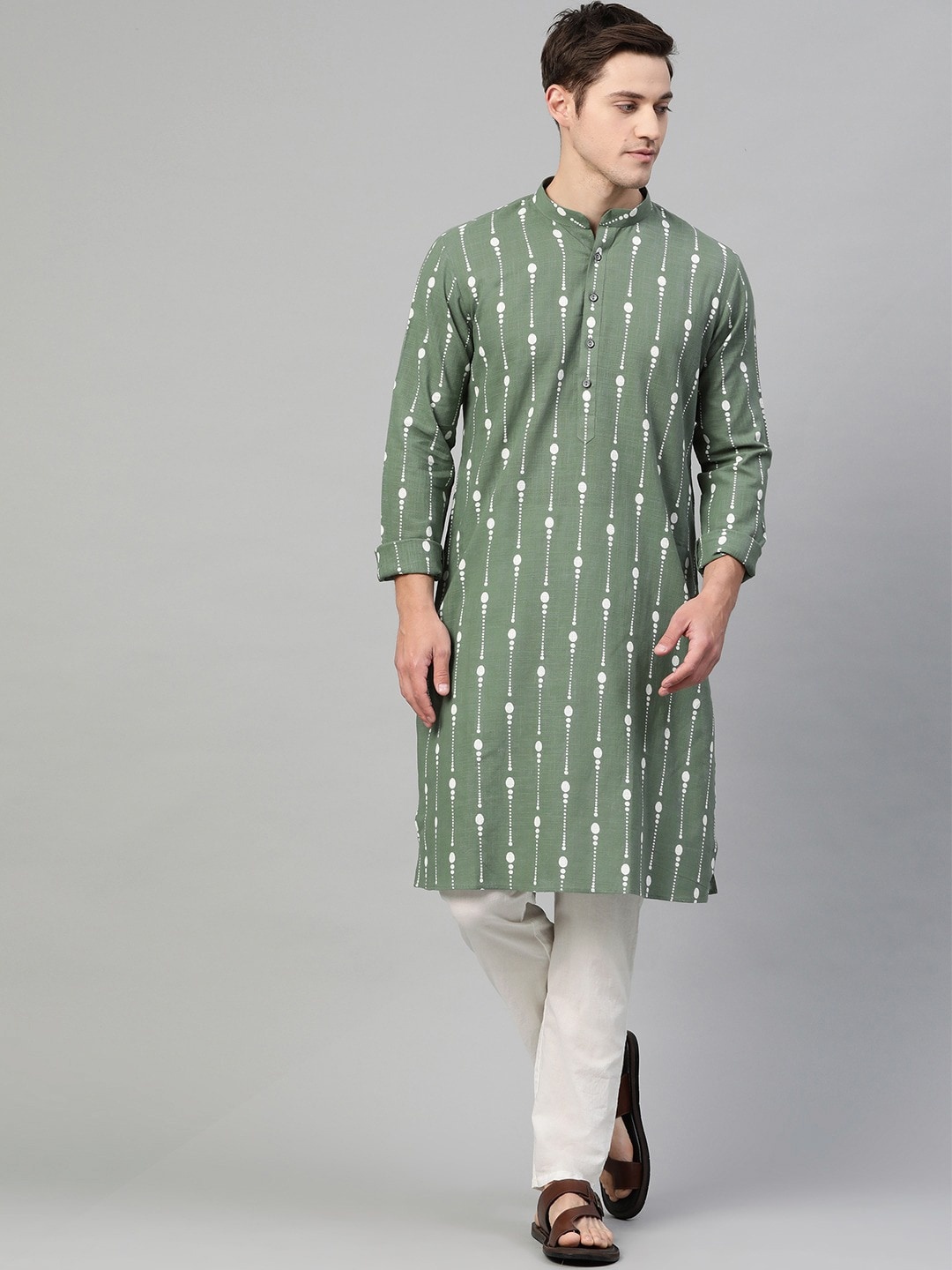 

See Designs Men Geometric Printed Pure Cotton Kurta, Olive