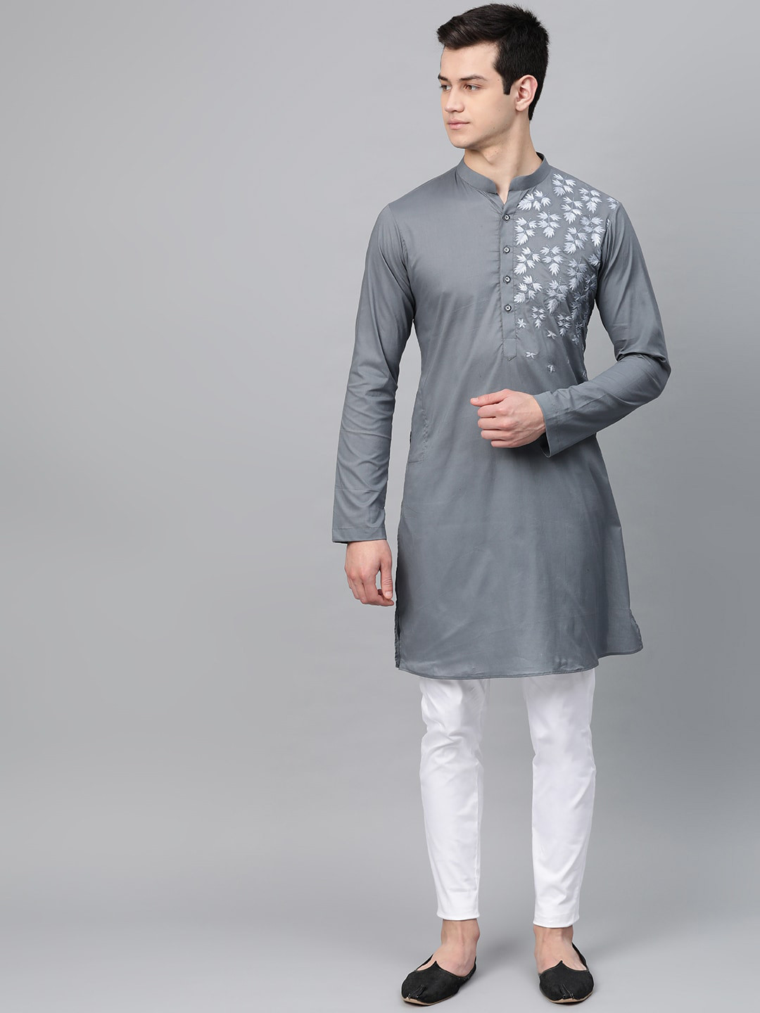 

See Designs Men Thread Work Pure Cotton Kurta, Grey