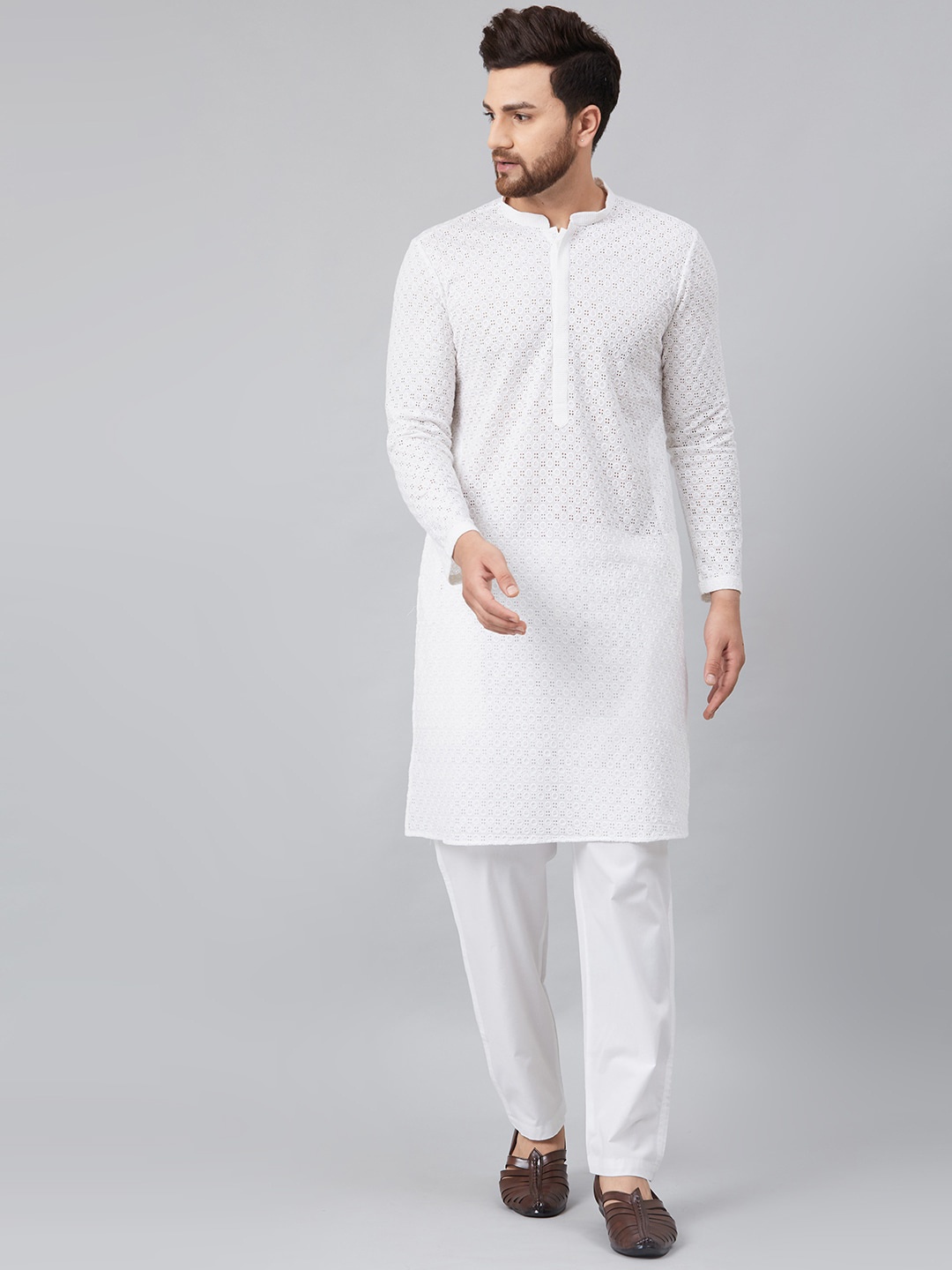 

See Designs Men Ethnic Motifs Chikankari Cotton Kurta, White