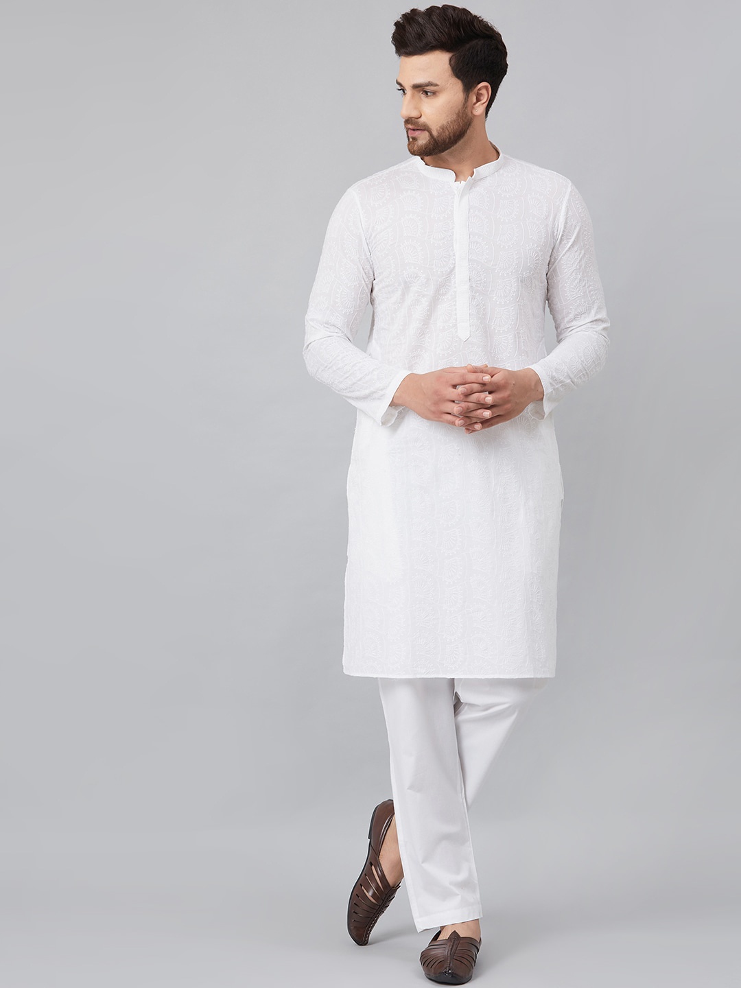 

See Designs Men Floral Chikankari Embroidered Pure Cotton Kurta With Pyjamas, White