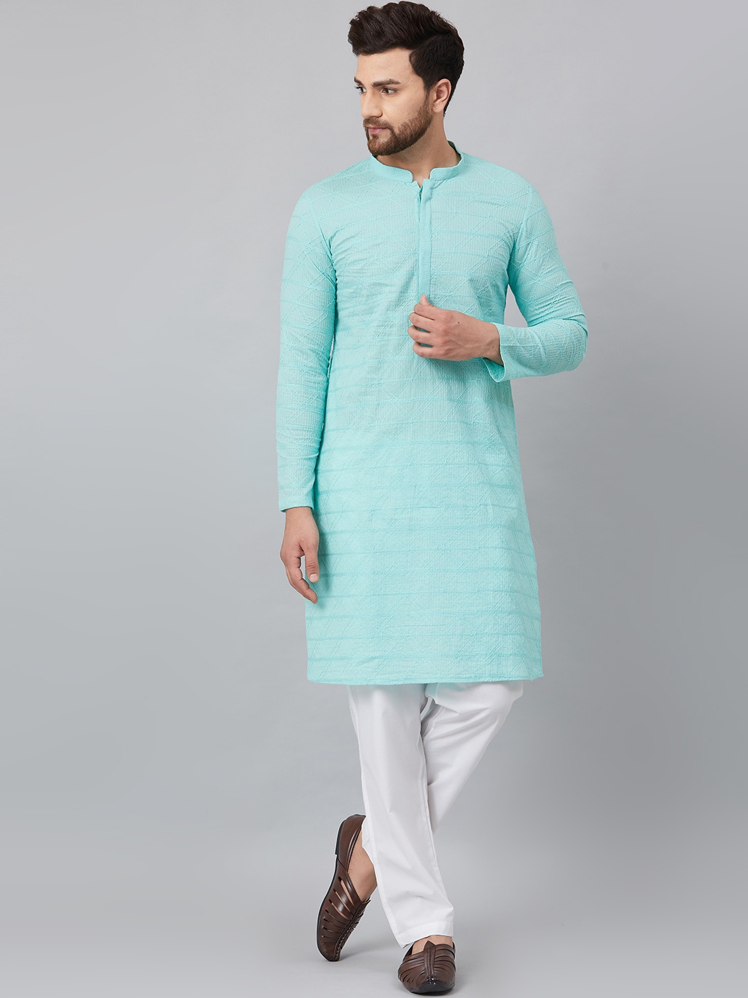 

See Designs Men Mandarin Collar Cotton Kurta, Turquoise blue