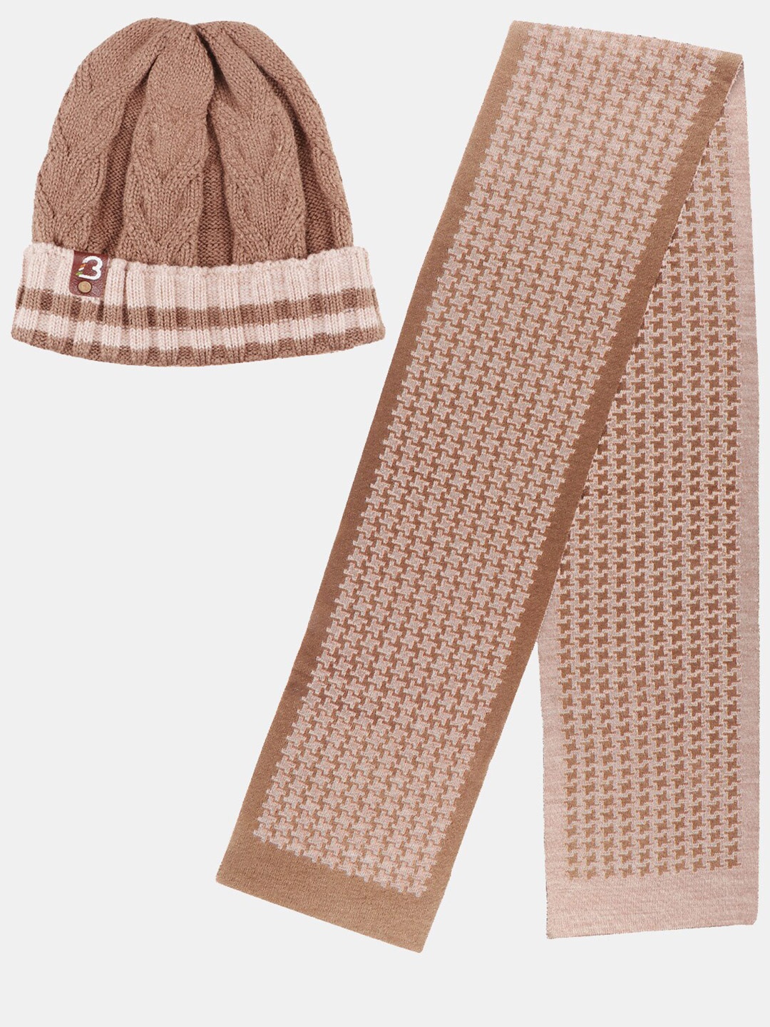 

Bharatasya Men Self Design Knitted Acrylic Beanie With Muffler, Brown