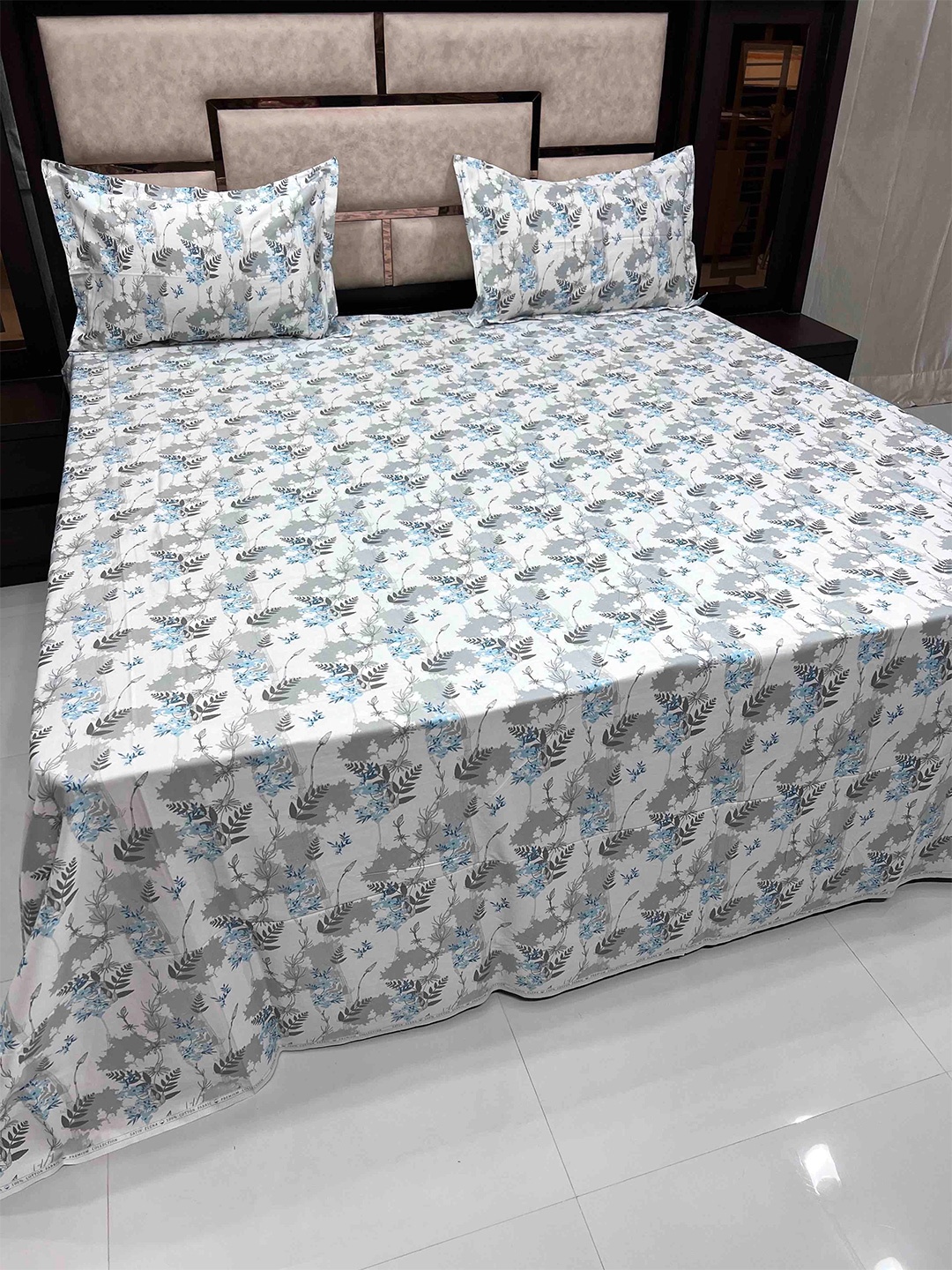 

Pure Decor White & Grey Floral Cotton 400 TC King Bedsheet with 2 Pillow Covers