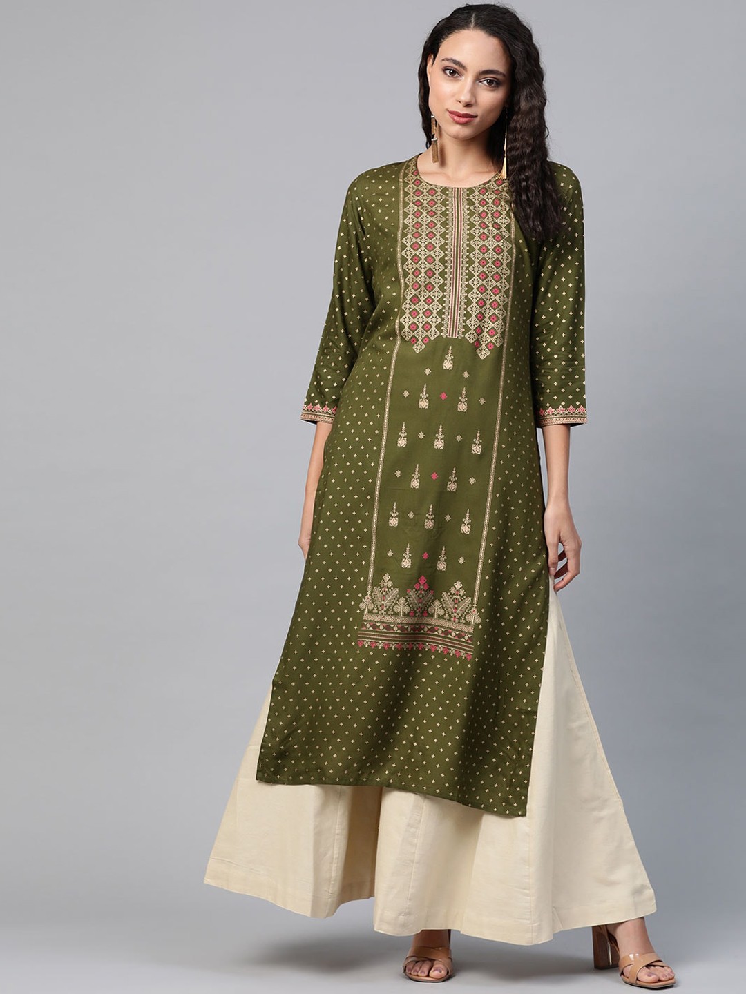 

See Designs Round Neck Ethnic Motifs Printed Cotton Kurta, Olive
