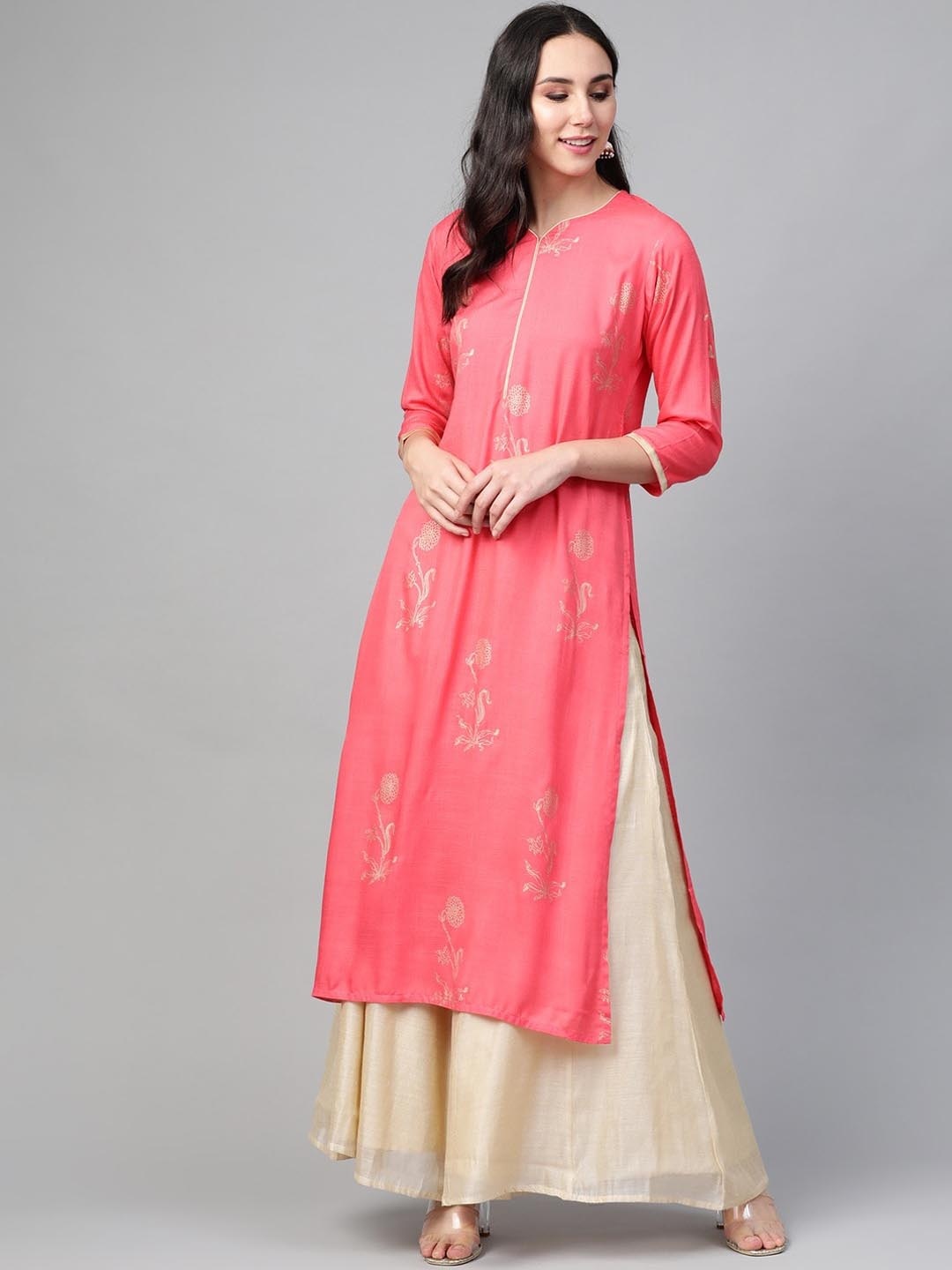 

See Designs Women Floral Printed Round Neck Cotton Kurta, Pink