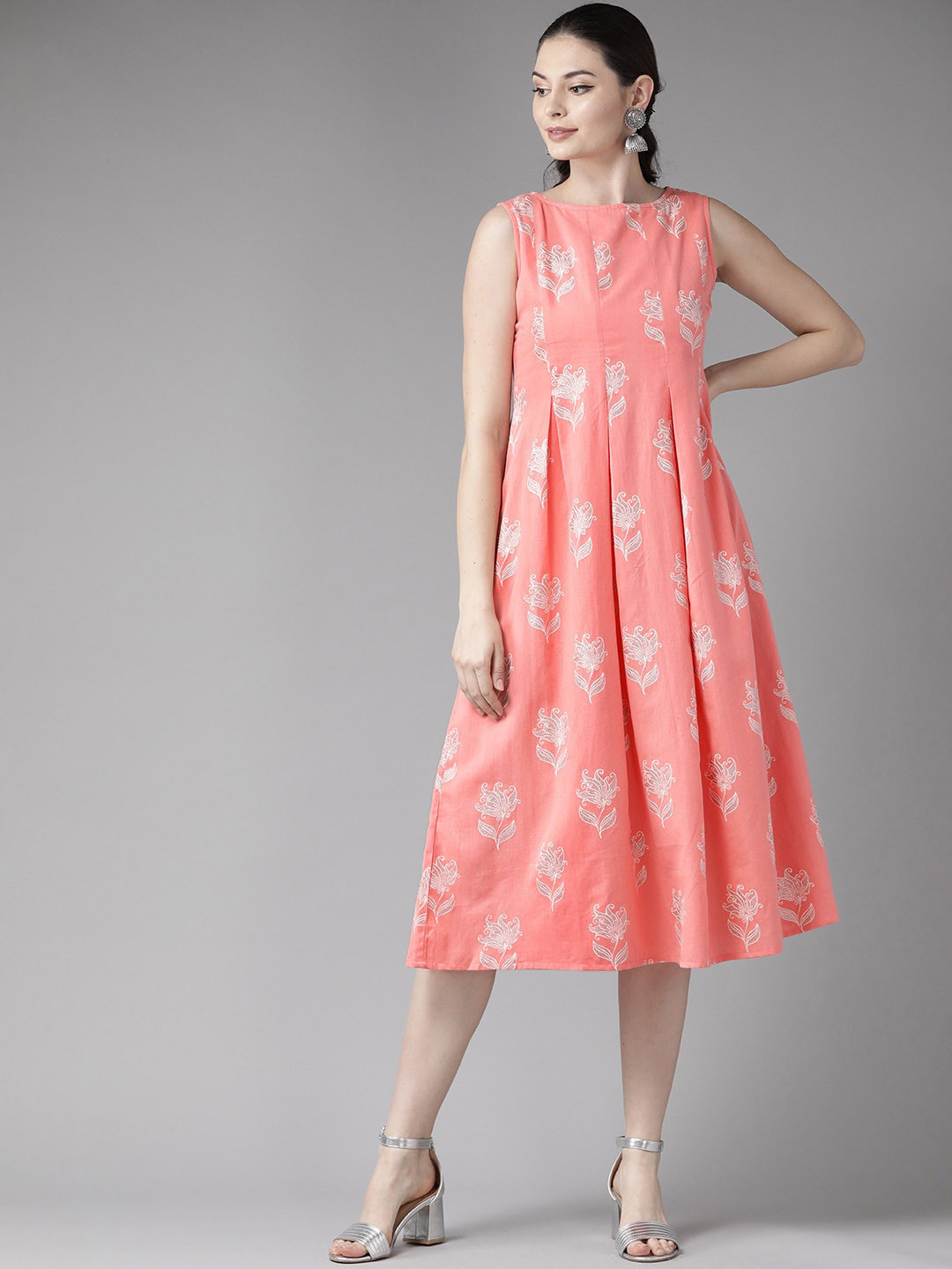 

See Designs Floral Printed Fit & Flare Midi Cotton Dress, Peach