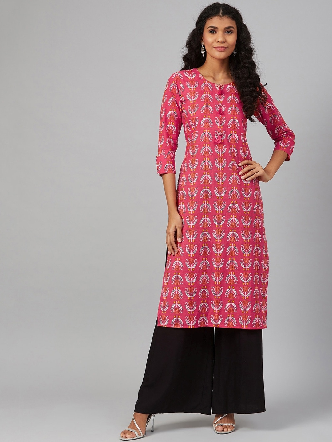 

See Designs Women Ethnic Motifs Printed Round Neck Cotton Kurta, Pink